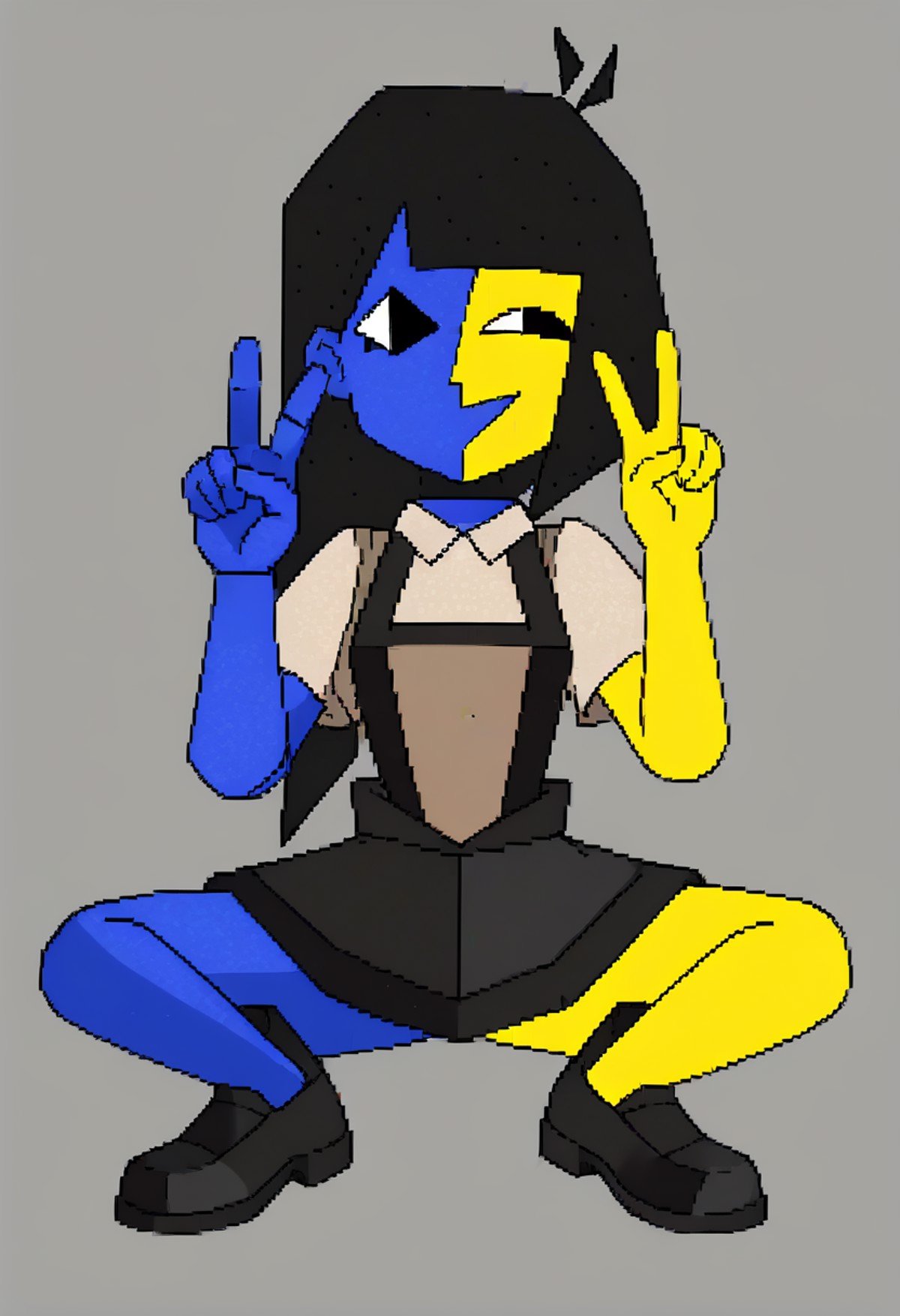 1girl, <lora:Ena:0.85> (solo), colored skin, black hair, yellow skin, blue skin, black eyes, suspenders, shirt, short sleeves, black skirt, black shoe, black boot, v sign, simple background,