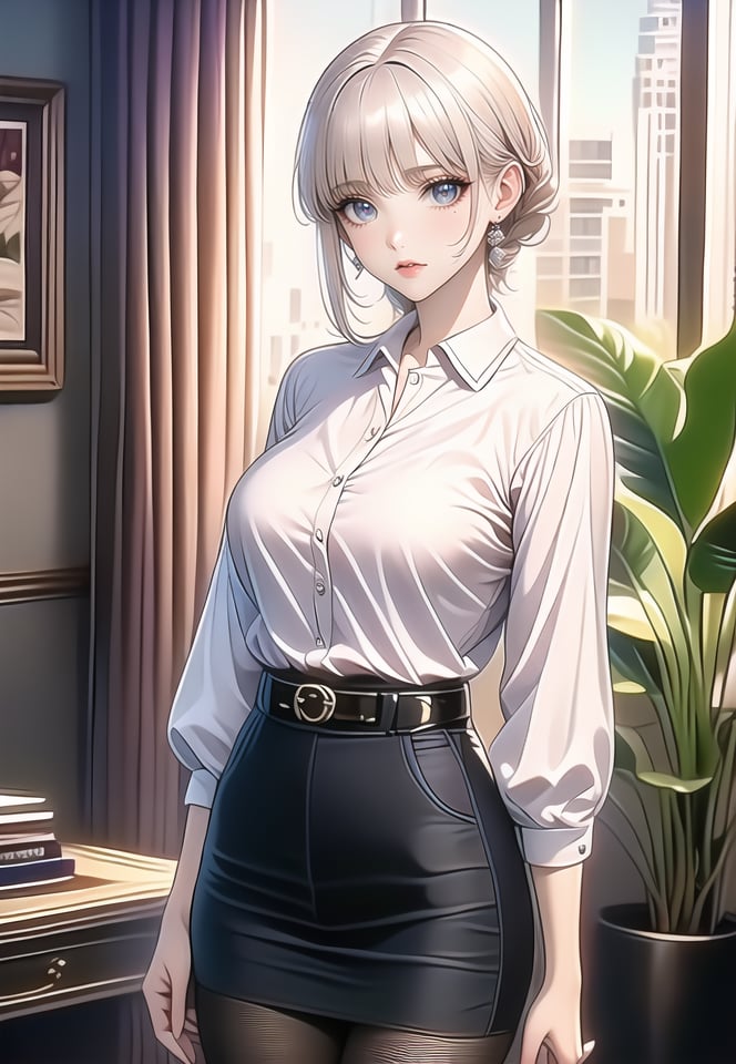 (best quality), ((masterpiece)), (highres), illustration, original, extremely detailed,1girl, solo, shirt, pantyhose, skirt, pencil skirt, jewelry, white shirt, short hair, belt, earrings, looking at viewer, indoors, plant, collared shirt, breasts, shirt tucked in, office lady, long sleeves, curtains, black pantyhose, book, blue eyes, mole, bangs, black belt, cowboy shot, dress shirt, black skirt, standing, grey eyes, white hair, parted lips