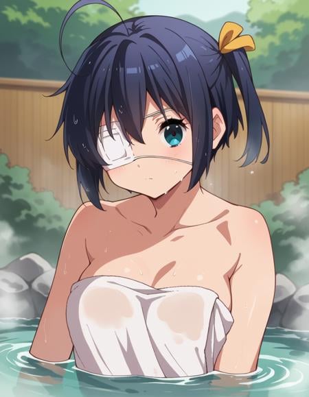 score_9, score_8_up, score_7_up, source_anime,rikkatakanashi, <lora:rikka-takanashi-s2-ponyxl-lora-nochekaiser:1>,rikka takanashi, short hair, blue eyes, black hair, ahoge, one side up, eyepatch, medical eyepatch,nude, naked, outdoors, onsen, towel, naked towel, steam, bathing, nude cover, partially submerged, water, bath, steam censor, wet towel,looking at viewer, cowboy shot, dutch angle, solo,