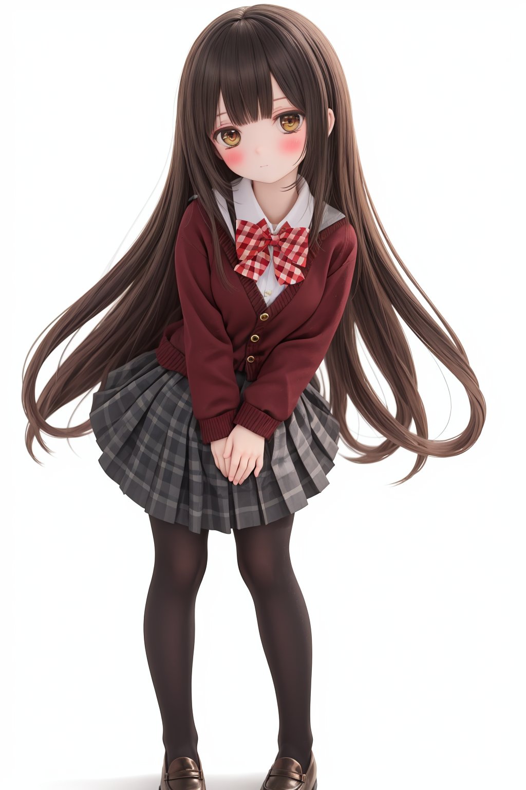 1girl,solo,pantyhose,skirt,long hair,loafers,shoes,simple background,school uniform,brown eyes,plaid,black pantyhose,plaid skirt,looking at viewer,black hair,pantyhose pull,full body,clothes pull,black footwear,pleated skirt,leaning forward,bangs,long sleeves,bent over,cardigan,bow,bowtie,standing,closed mouth,pulled by self,grey background,blush,miniskirt,red bow,sweater,undressing,