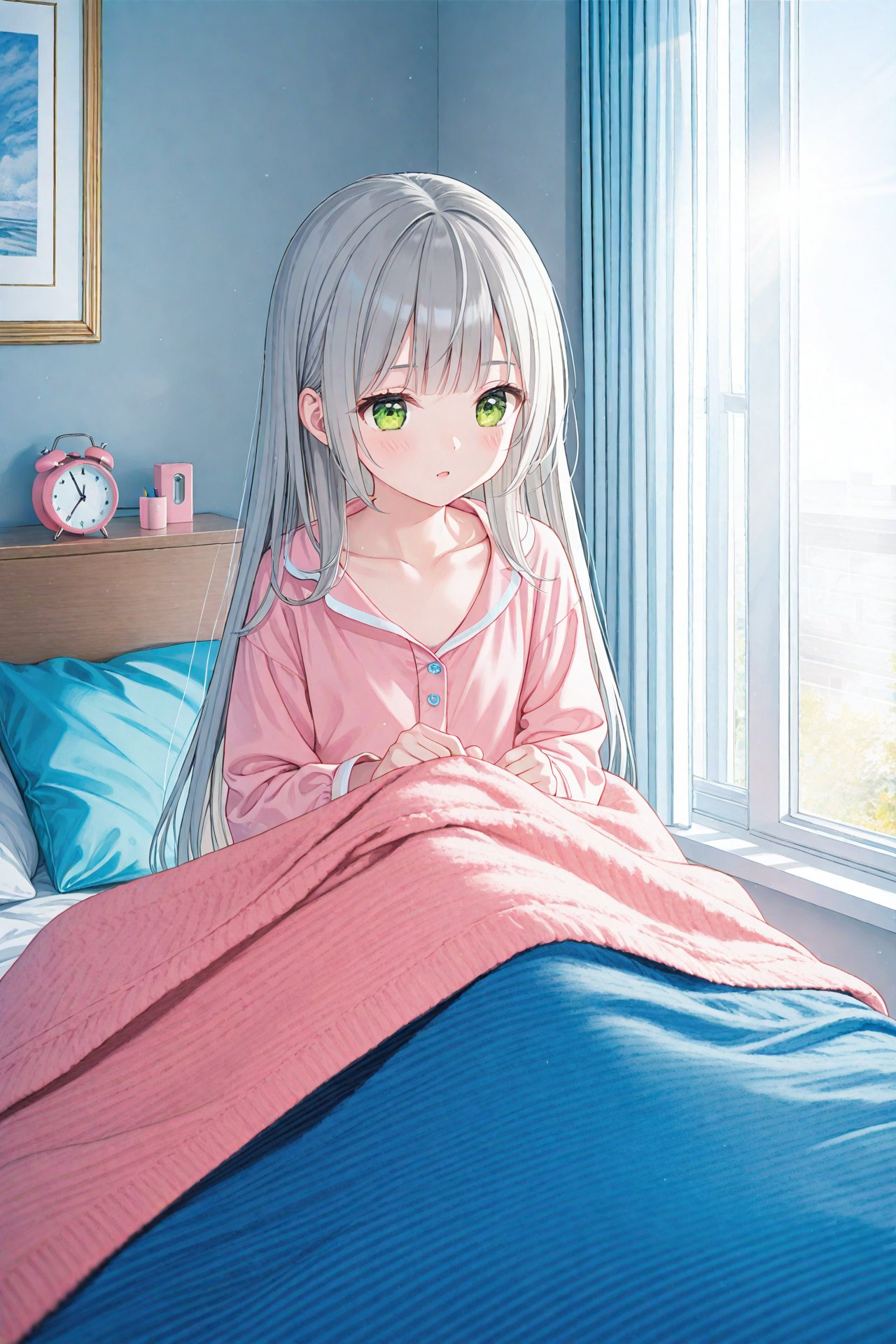 (masterpiece),(best quality),illustration,ultra detailed,hdr,Depth of field,(colorful),loli,1girl,clock,solo,alarm clock,under covers,green eyes,bed,long hair,pillow,indoors,sunlight,curtains,pajamas,grey hair,blanket,window,collarbone,bangs,