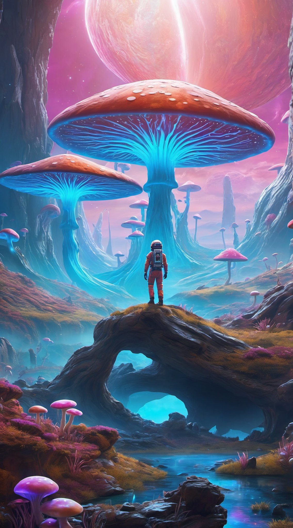 In a stunning video game world, a man in a space suit stands on a rock and gazes at a huge mushroom field. This scene is full of whimsical alien dreams, inspired by the style of Dan Mumford and Alex Grey, and presents a sci-fi art wallpaper-like scene.This picture presents psychedelic landscapes, surreal space scenes and cosmic art details. Brilliant and colorful mushrooms covered the entire ground, giving off a peculiar glow. The landscape in the alien world is full of psychedelic colors and surreal forms, which makes people feel the shock of the soul.In this sci-fi world, players explore the interiors of planets in other worlds, discovering breathtaking details and wonders of sci-fi art. The concept of this game is full of nuanced sci-fi elements, presenting surreal sights and mind-twisting digital art.This beautiful alien landscape makes people feel as if they are in a mysterious and charming alien world, showing the wonders of the universe and unlimited imagination. This is an amazing digital art illustration, showing the interweaving of science fiction and illusion, allowing players to feel the wonder of the universe and the charm of science fiction art.This video game vision picture exhibition beautiful composition 3-d 4 k