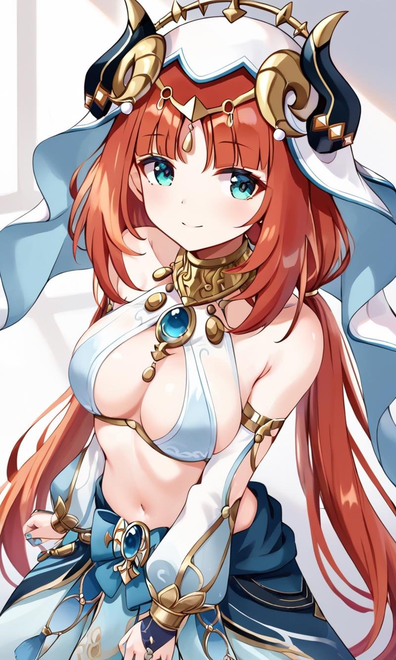 <lora:sdxl-gen-nilou-pony:0.8> gen-nilou, GenshinImpact, 1girl ,aqua eyes, eyeliner, orangered hair, shiny hair, horns, long hair, low twintails, parted bangs, sidelocks, medium breasts, blue nails, circlet, thighlet , neck ring +++ see-through veil, blue gemstone, white headwear, brooch, lightblue harem outfit, puffy long sleeves, bare shoulders, detached sleeves, gold trim, blue skirt+++ squinting eyes, smile, +++ punch, From Up, looking away, High Angle, cinematic lighting, Code Caves