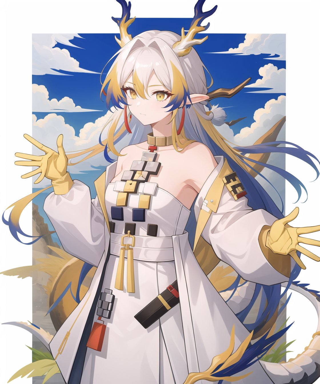 <lora:方舟黍:1:lbw=char>,1girl,shu(/arknights),horns,high quality,long sleeves,white dress,yellow gloves,white coat,dragon tail,tail,jewelry,solo,, (masterpiece,best quality:1.2),absurdres, high quality,