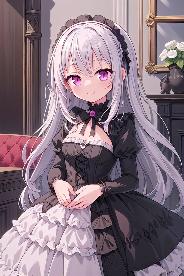 ((masterpiece:1.4, best quality)), ((masterpiece, best quality)),one girl, cute girl, silver hair, long hair, pink eyes, smile, black gothic dress, white frill, hair dress,indoors, castle, gothic, cute pose