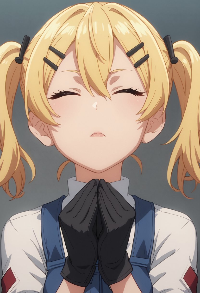 score_9, score_8_up, score_7_up,source_anime,anime coloring,perfect anatomy,cinematic_shadow,anime screencap,<lora:animestyle:1>finetuneanimeBREAK1girl, blonde hair, closed eyes, solo, twintails, gloves, hair ornament, hairclip, parody, hair between eyes, bangs