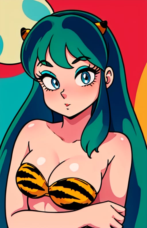 best quality, (masterpiece),(ultra-detailed), (high quality), (high resolution), <lora:Lum:0.7>,lum, 1girl, solo, long hair, breasts, blue eyes, cleavage, medium breasts, swimsuit,  bikini, green hair, horns, strapless, makeup, moon, animal print, eyeshadow, oni horns, oni,  tiger print, strapless bikini, anime coloring,retro artstyle, 1980s \(style\), 