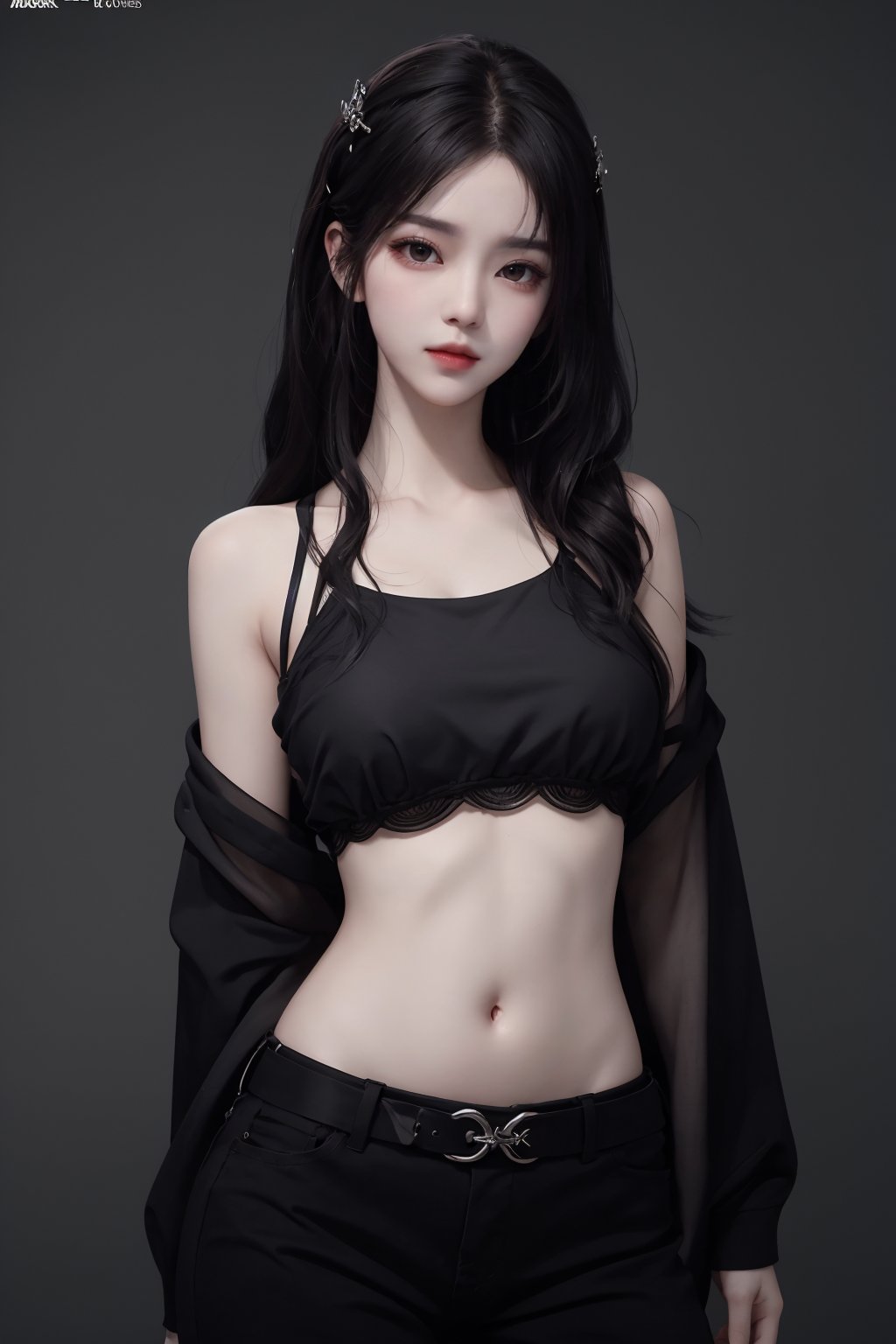 masterpiece, best quality, masterpiece,best quality,official art,extremely detailed CG unity 8k wallpaper,woman,photorealistic, masterpiece, realistic,araffed woman in black top and black pants posing for a picture, jiyun chae, wavy long - length black hair, shoulder-length black hair, lu ji, +81 magazine, wavy shoulder-length hair, kim hyun joo, physical : tinyest midriff ever, tinyest midriff ever, Wang Yuanqi, black wavy hair with bangs, long thin black hair, huge belt, female actress from korea, Du Qiong, Huang Ji, Qian Du, portrait of female korean idol, wavy long black hair, black long hair, shoulder length black hair, id magazine, Hu Zaobin, dilraba dilmurat, wavy black hair, black wavy hair, no logo, beautiful midriff, jia, Chen Jiru, gold belt, Luo Mu <lora:模特:0.8>