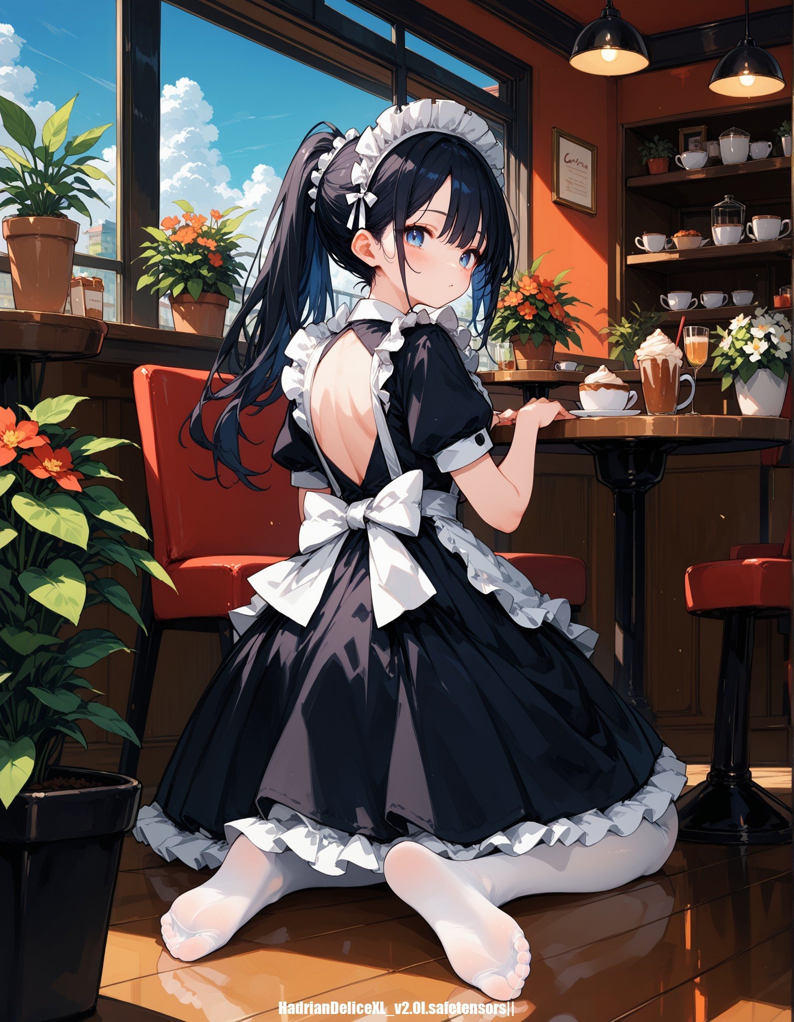 score_10,score_9_up,score_8_up,score_7_up,score_6_up, hadrian, kneeling,very long black hair,blue eyes,maid,frilled black white maid apron,maid_headdress,short puffy sleeves dress,white thighhighs,looking_at_viewer,frills,blush,feet,from behind,soles,bangs,cafe,restaurant, chair,potted_plant,flower,full_body,blue sky,ponytail,back cutout,