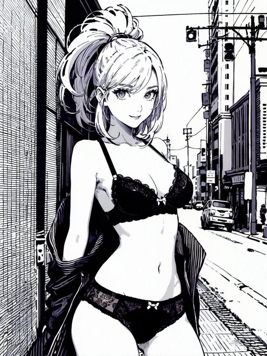 (((best quality,masterpiece,fine detailed,))),line,black and white painting,black and white line drawing,smooth lines,monochrome,1girl,look at the camera,solo,dynamic,lovely face,kind_smile,(mid_shot,whole body,)cityscape,street,,(dynamic,sexy figure),a slim figure,<lora:CJ PD:0.8>,(sexy girl,beautiful girl,beauty,),sexy underwear,, (best quality, high quality, masterpiece,),