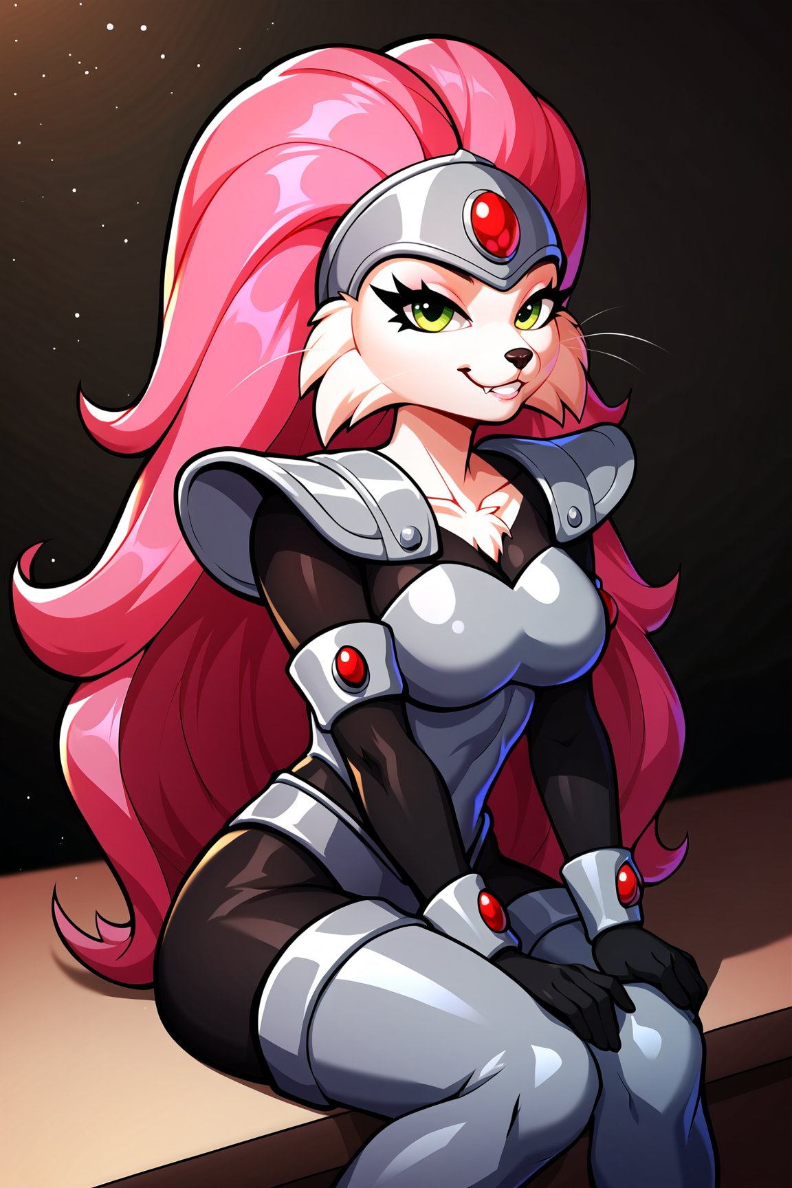 score_9, score_8_up, score_7_up, score_6_up, score_5_up, score_4_up, JennyBOHXL, anthro furry, furry female, white fur, snout, whiskers, green eyes, pink hair, long hair, helmet, forehead jewel, medium breasts, grey armor, red jewel, shoulder armor, black bodysuit, armlet, guantlets, black gloves, armored thigh boots, solo, sitting, seductive smile, looking at viewer, indoors <lora:JennyBOHXL:0.8>