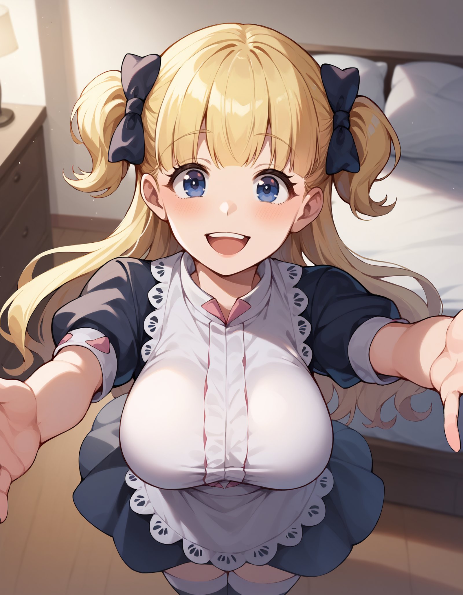 score_9, score_8_up, score_7_up, BREAK ,rating_explicit,1girl,large breasts,thighhighs,maid dress,smile,happy,waving<lora:emilico XL :1> emilico,from above,bedroom,incoming hug, outstretched arms, 