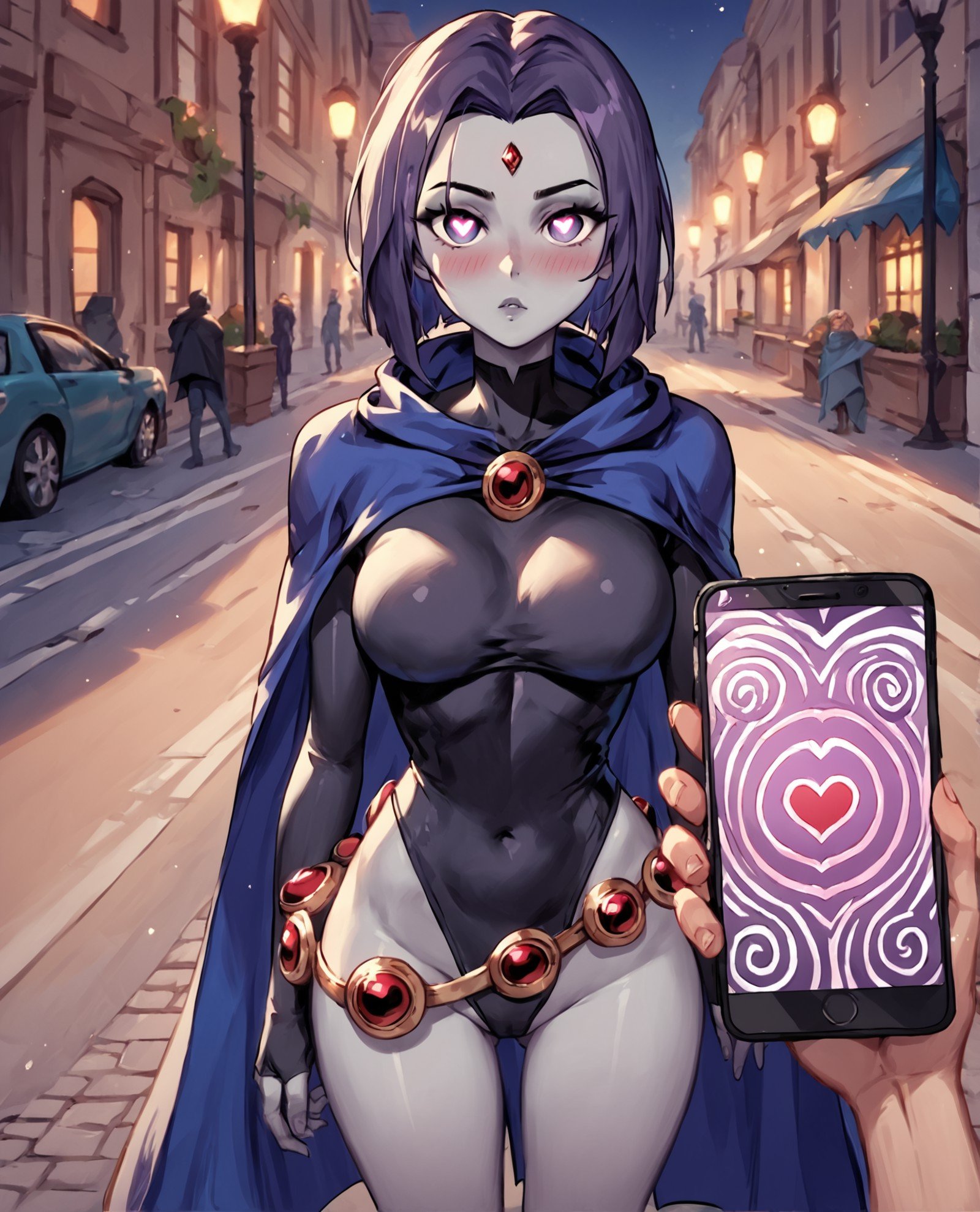 score_9, score_8_up, score_7_up, source_cartoon BREAK 1girl, pov, Raven (dc), hypnosis, standing, street at night, heart-shaped pupils, forehead jewel, leotard, cape, belt, brainwashed, blush, looking at viewer, heroine in trouble, thigh gap, phone, <lora:Hypno_App_POV:1>, heart, eye symbol, grey skin, rating_questionable