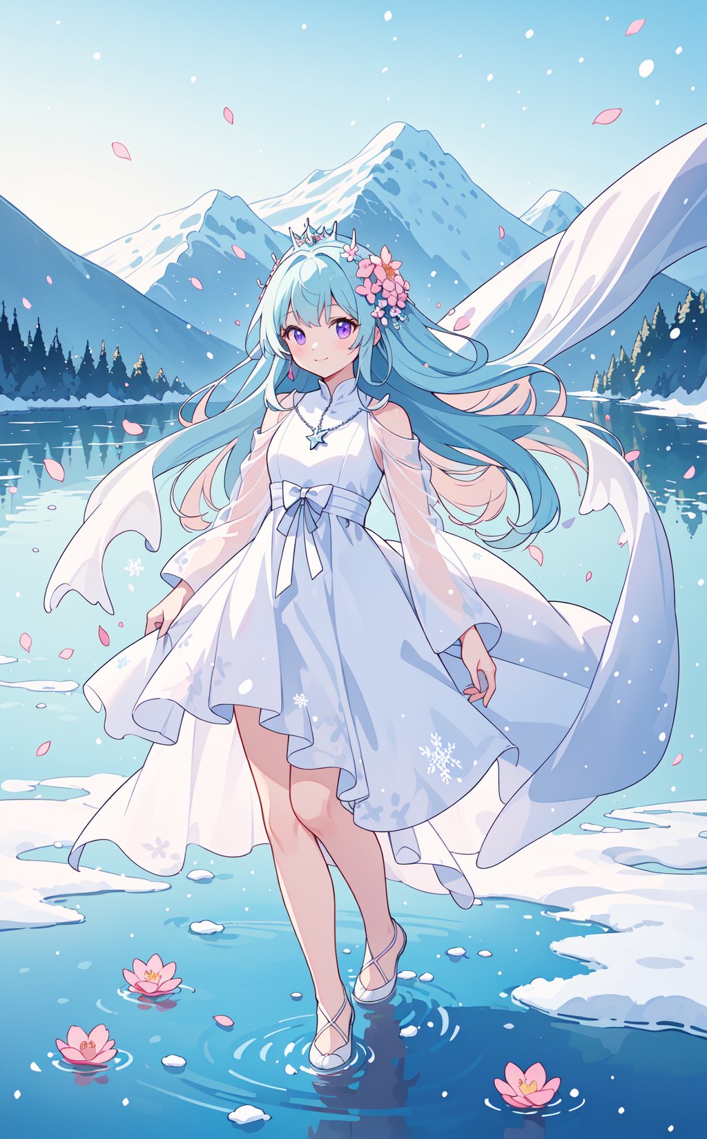 light blue hair,pink purple eyes,princess,magic,castle,river,wind,long hair,happy,(((white dress))),bow,big bow,smile,fcportrait,full body,<lora:standingFullBodyWithBackgroundStyle_v10Offset:1>,(((masterpiece))), ((the best quality, super fine illustrations, beautiful and delicate water)), ((very delicate light)), ((nature, painting)), ((fine lighting, more transparent stars, high-quality snowflakes, high-quality mountains, very fine 8KCG wallpapers)), (plateau), (((snow mountain))), sunrise, randomly distributed clouds, (snow field), cliff, ((rotating star sky)), ((lake in mountain stream)), luminous particles,((ink)),(water color),bloom effect,detailed beautiful grassland with petal,flower,butterfly,necklace,smile,petal,(((surrounded by heavy floating petal flow))),, masterpiece, best quality,