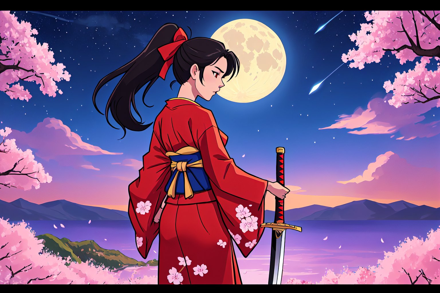 1girl, weapon, sword, solo, katana, long hair, moon, japanese clothes, sky, black hair, night, very long hair, red eyes, full moon, petals, ponytail, floral print, letterboxed, kimono, cloud, night sky, star (sky), holding, looking back, holding weapon, starry sky, from behind, standing, cherry blossoms, ribbon, outdoors, sheath, holding sword, hair ribbon, profile, scenery, wind, red ribbon, hakama