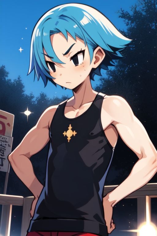 solo, 1boy, blue hair, taper fade, black eyes, red tank top, glitter particles, outdoors <lora:harada_takehito_Disgaea_style_v01:1>