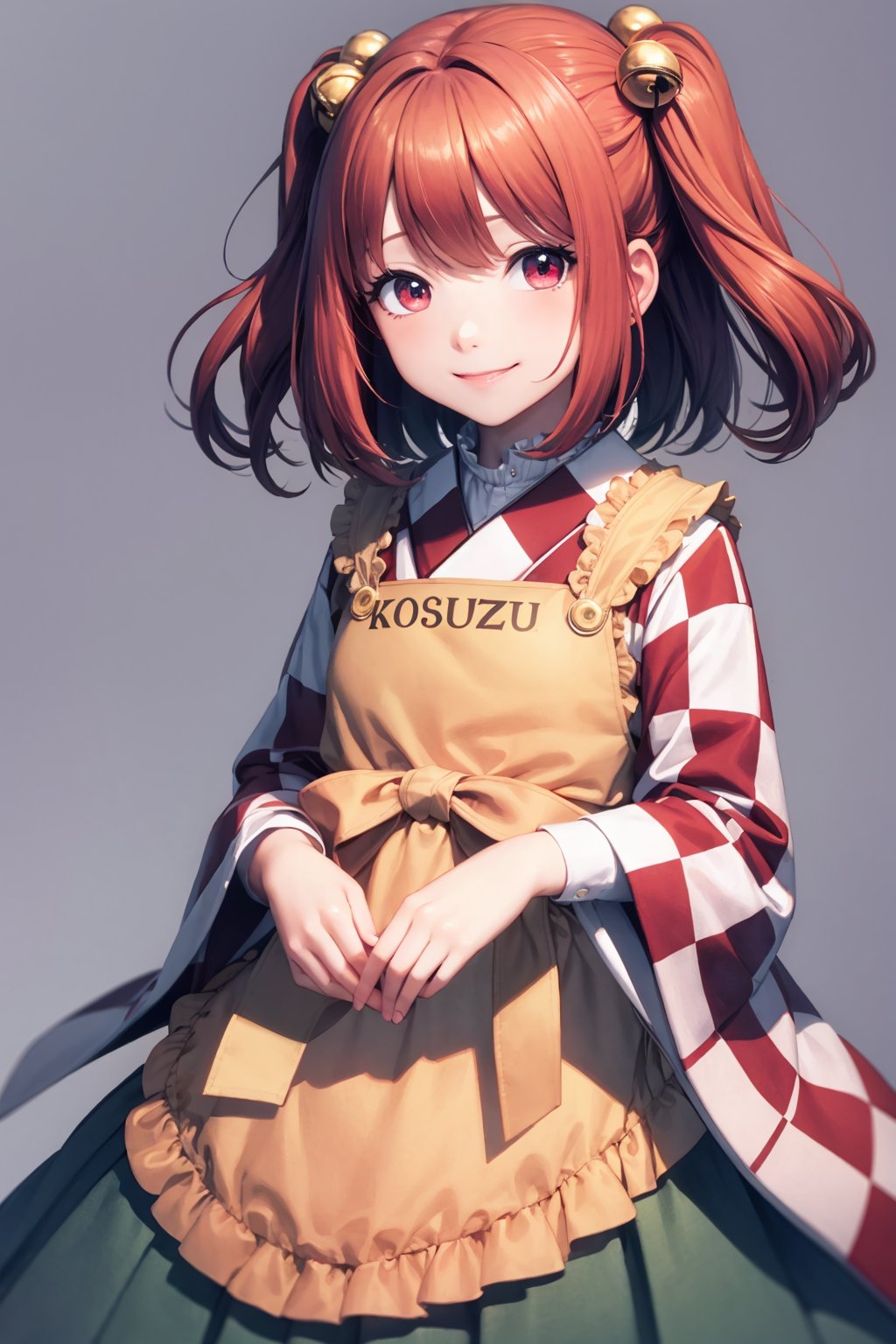 masterpiece, best quality, <lora:MotooriKosuzu:1>,motoori kosuzu, 1girl,solo,red hair,two side up, hair bell,red eyes,checkered clothes, japanese clothes, kimono,wide sleeves, apron,clothes writing,cowboy shot, grey background, smile,