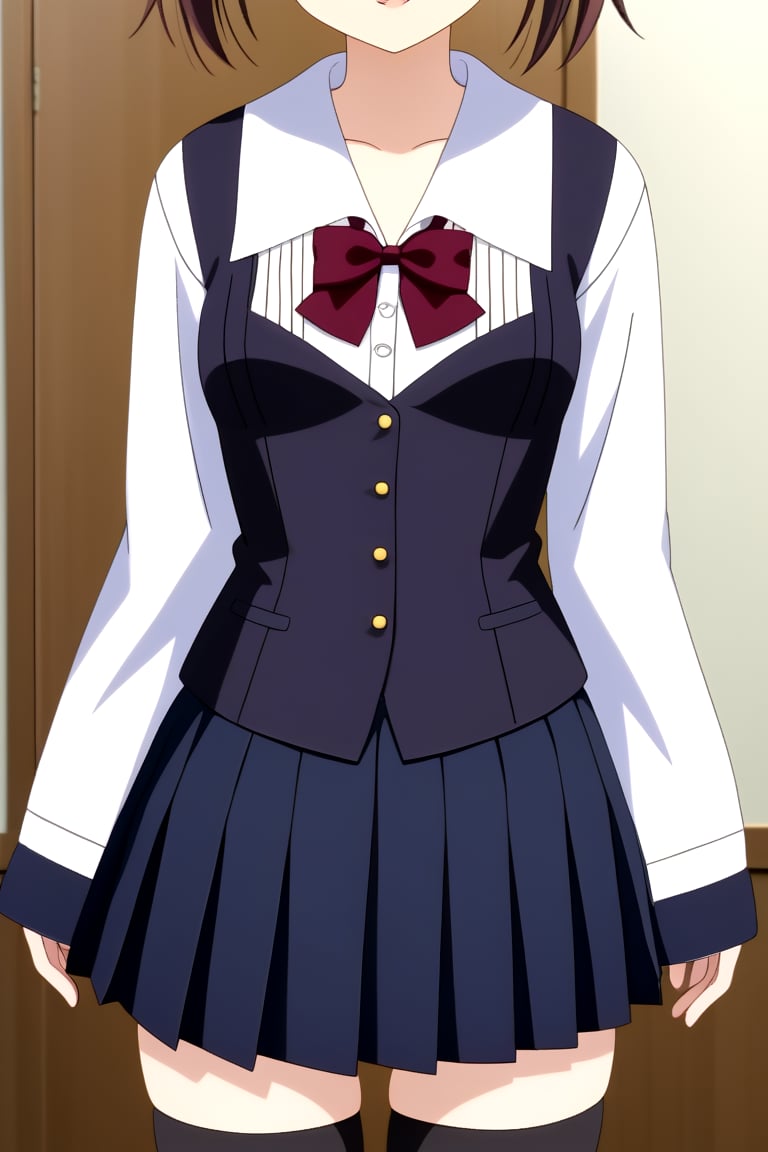 Highly detailed, High Quality, masterpiece, beautiful, 1girl, solo, school uniform, ((shirt, shirt sleeves:1.8)), long sleeves, white sleeves, arms at sides, (black vest, vest), pleated skirt, ((black skirt, waist-length skirt:1.2)), thighhighs, black thighhighs, zettai ryouiki, front_view.<lora:EMS-419248-EMS:1.000000>