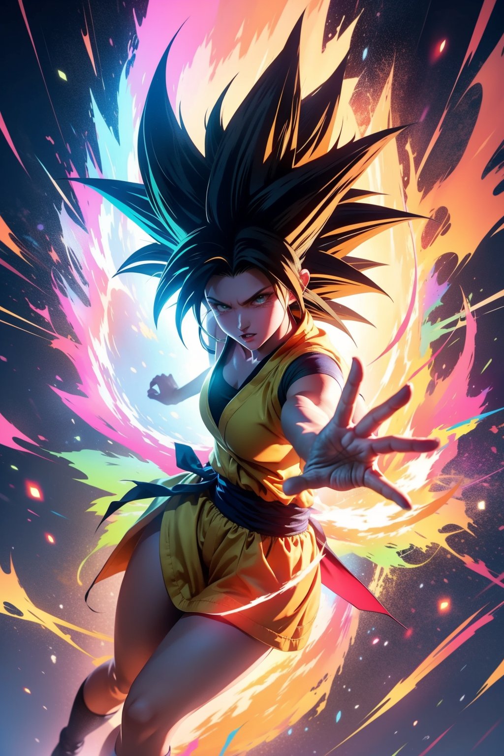 masterpiece,best quality,ultra high res,1girl,super saiyan,tashan,colorful,<lora:踏山听海【炫彩】:0.7>,