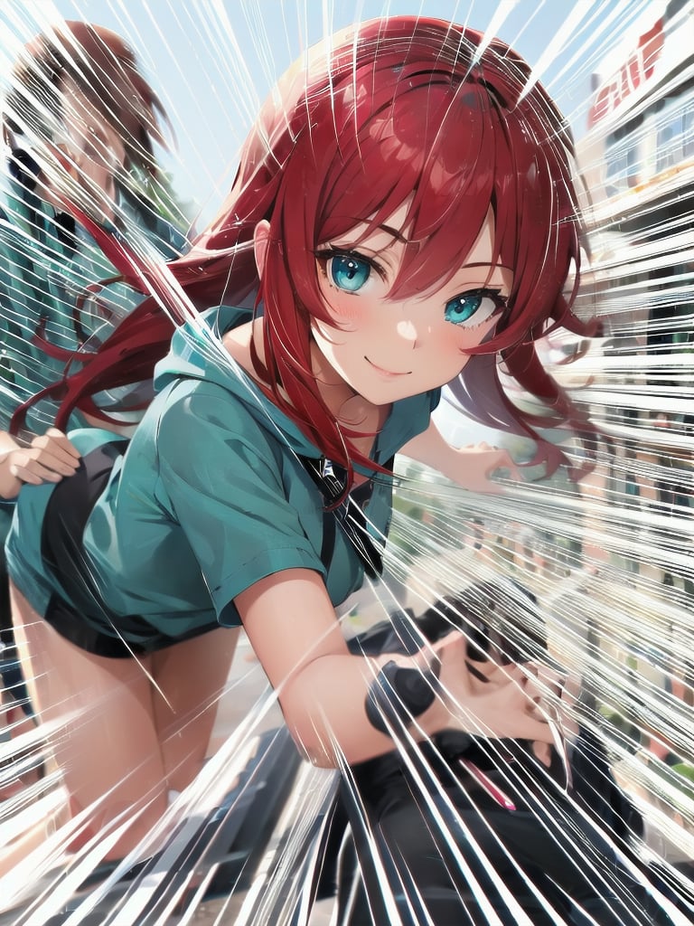 masterpiece,  1girl, red hair, aqua eyes, smile,  <lora:Line_LoRA_white:1>emphasis lines,motion lines, motion blur, hetero,have sex,