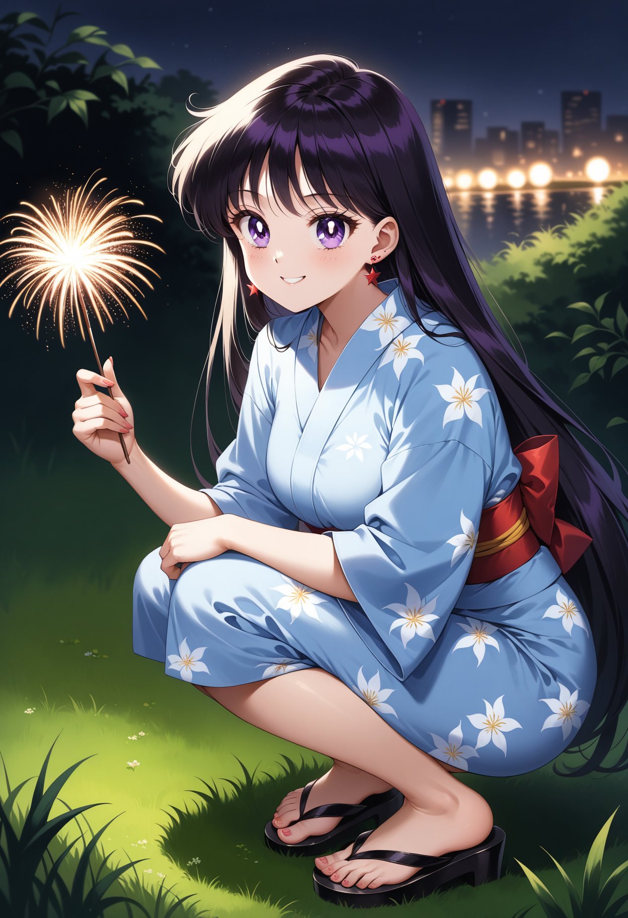 (masterpiece, best quality, very aesthetic, ultra detailed), intricate details, 4k, aamars, long hair, black hair, earrings, <lora:sailor_mars_animaginexl_v1:0.9>, grass, smile, holding fireworks, night, yukata, kimono, smile, squatting, sandals,