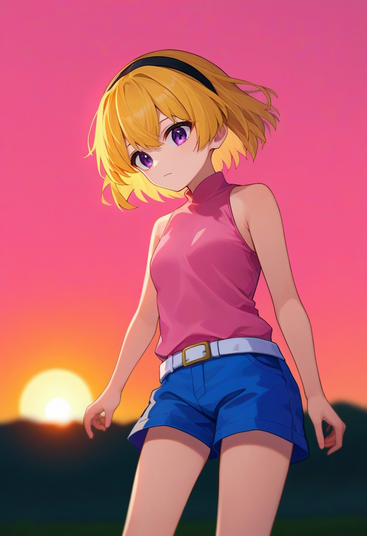 score_9, score_8_up, score_7_up, source_anime, <lora:Satoko Houjou Pony 5-000003:1>, houjou_satoko, 1girl, shorts, blonde hair, solo, hairband, shirt, sleeveless, blue shorts, short hair, belt, pink shirt, purple eyes, sleeveless shirt, black hairband, bangs, bare shoulders, white belt, small breasts, cumulonimbus, empty field, sunset, pink sky