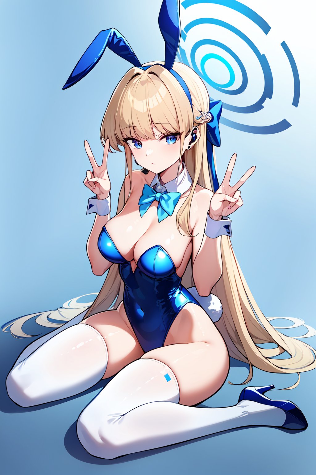 best quality, masterpiece,  <lora:TokiBAv1:0.7>toki, halo, long hair, rabbit ears, detached collar bowtie, playboy bunny leotard, white thighhighs, bunny tail, earpiece, earrings, hair ribbon, wrist cuffs, blue high heels, looking at viewer, expressionless, wariza, sitting, double v, full body, blue background,