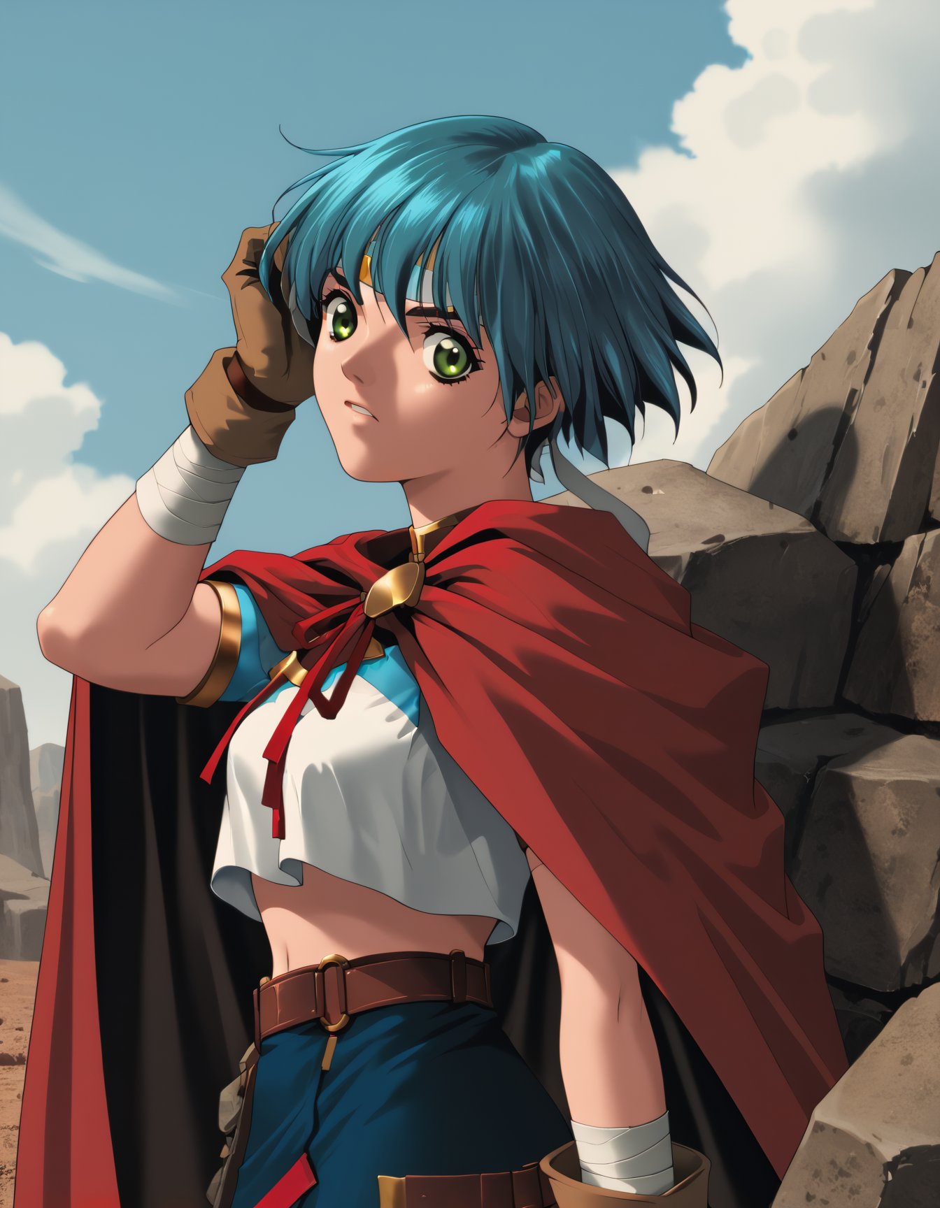 score_9,  score_8_up, score_7_up <lora:epo-ponyxl-000040:1> wwepo, blue hair, green eyes, (headband:0.5), red cape, microskirt, blue skirt,upper body, fixing hair, looking at viewer, rocks, dirt road, sky