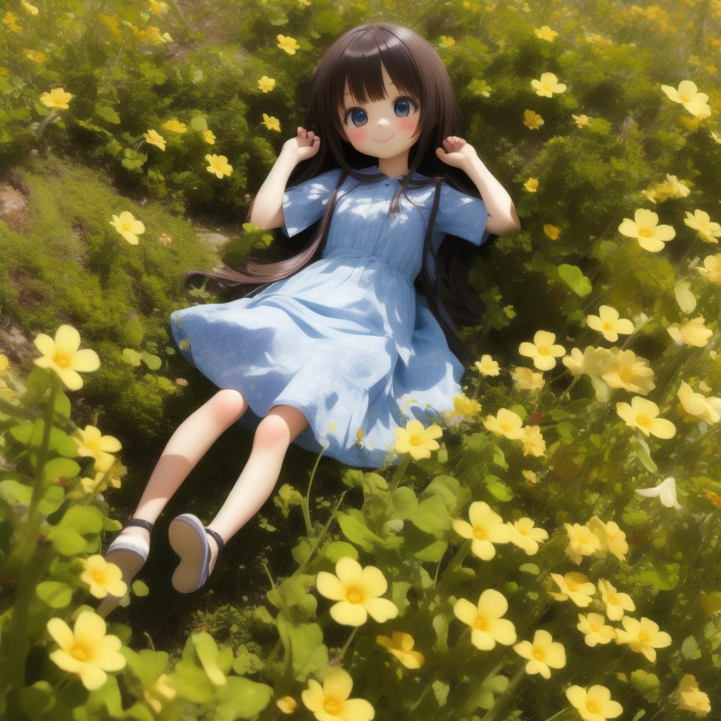 (masterpiece), (best quality), (extremely detailed), (1girl), solo, (pretty cute girl), looking at viewer, smile, slender, evenly sized eyes, extremely detailed eyes, full body, outdoors, inside meadow. lying, wide shot, extremely detailed wallpaper, (completely detailed features), 16k, oxalis<lora:EMS-434619-EMS:0.500000>