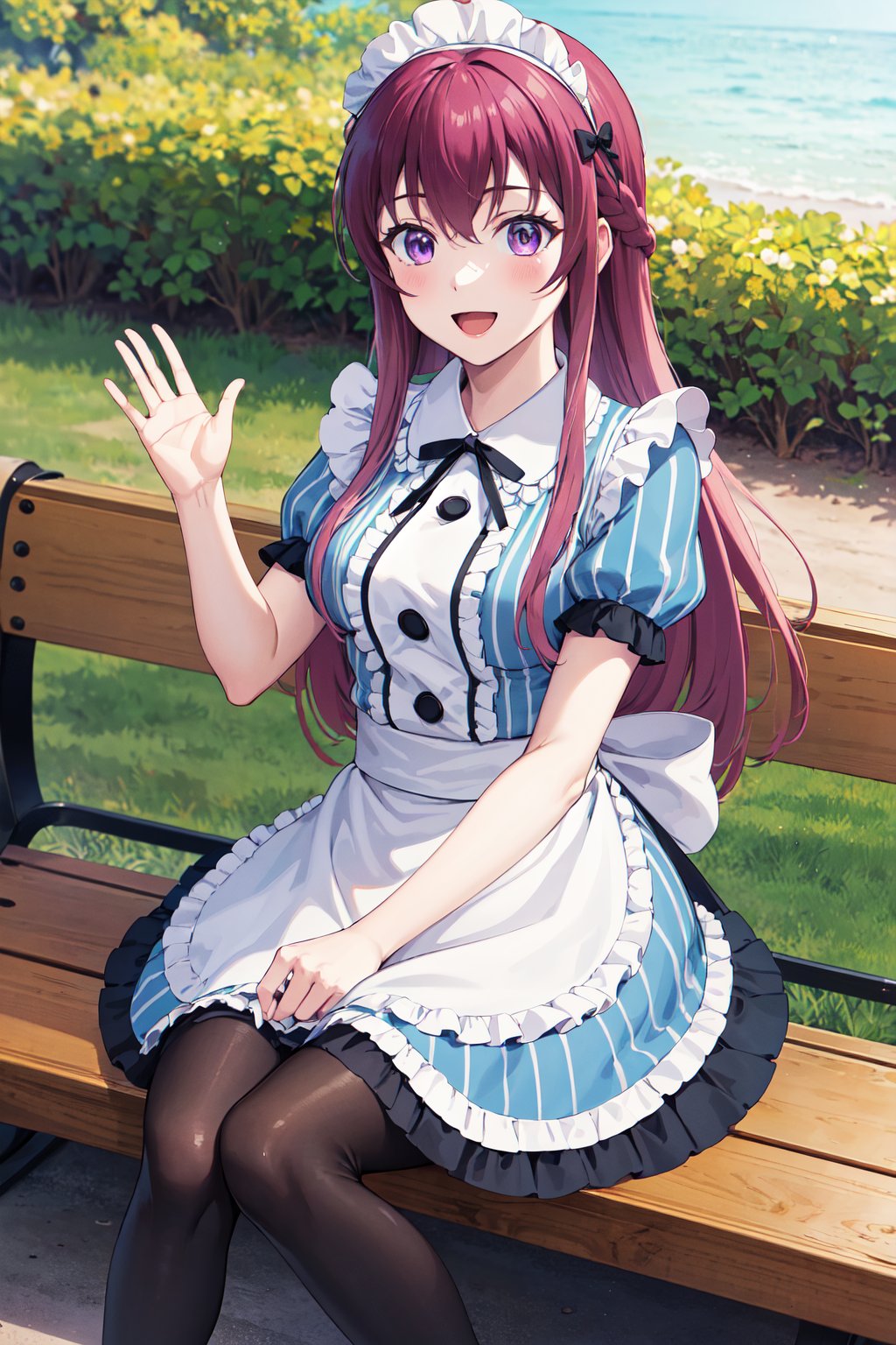 masterpiece, best quality, highres, 1girl, solo, long hair, purple hair, braid, maid headdress, purple eyes, neck ribbon, frills, vertical stripes, blue dress, short sleeves, apron, black pantyhose, <lora:makuzawa_ouka_v1:0.7>, sitting, bench, smile, waving, open mouth, outdoors