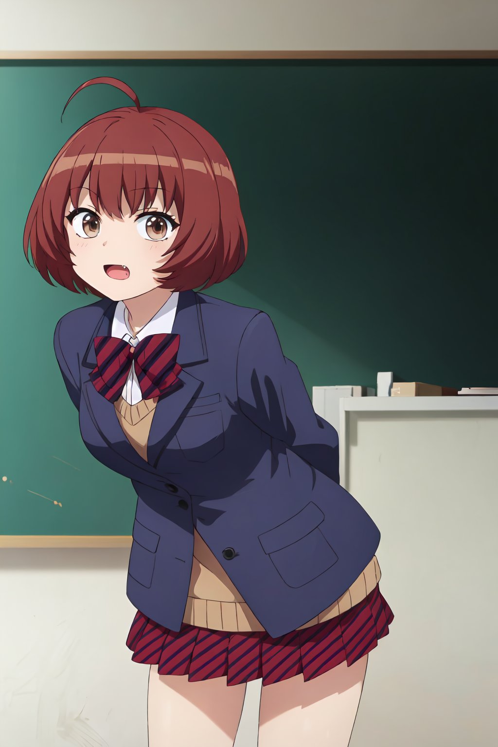 Akako Onigashima, (8k, HD), 1girl, solo, looking at viewer, short hair, open mouth, skirt, brown hair, shirt, bow, brown eyes, school uniform, jacket, ahoge, red hair, pleated skirt, fang, striped, collared shirt, indoors, bowtie, red bow, leaning forward, red skirt, arms behind back, blazer, blue jacket, striped bow, chalkboard<lora:EMS-469265-EMS:0.800000>