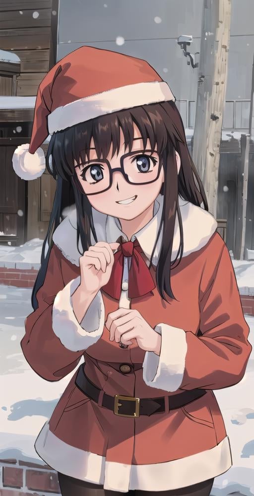 YR, 1girl, solo, grinning, glasses, red santa jacket, red santa hat, winter, snow falling, fine detail, perfect quality, good quality, masterpiece, HDR, UHD <lora:Yomiko Readman:0.7>