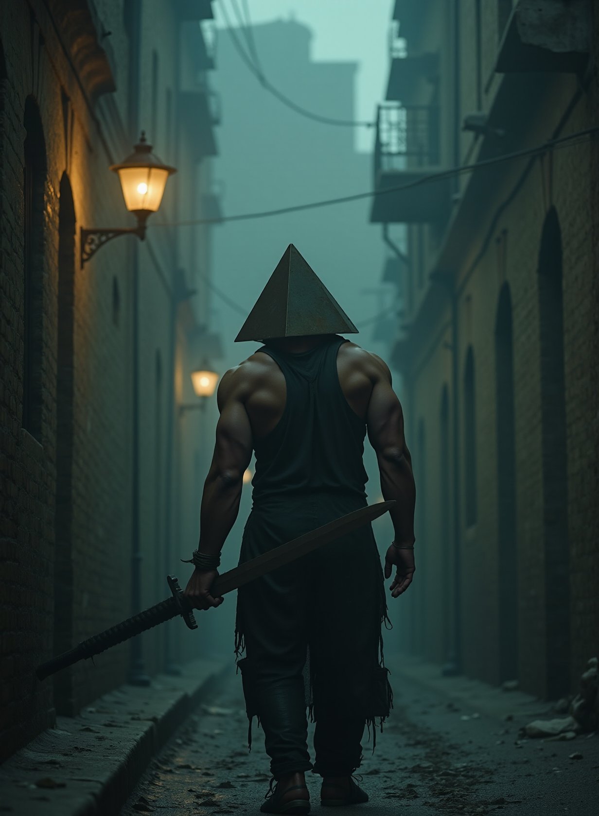 ultra high quality, realistic photo of a dark alley at night with lots of fog, a few lampposts with subdued light. far away a tall and muscle man with a pyramid-shaped head in the background. one side of the pyramid is larger. the man is dragging a huge rusty sword (like huge kinife), The walls are extremely dirty and dripping, Rust everywhere, the man's clothes are very dirty and torn <lora: - Flux1 - soothing_atmo_V1.0:1> <lora:FLUXTASTIC_V3:1>, back view, pyramid-shaped head. the man with a pyramid for a head