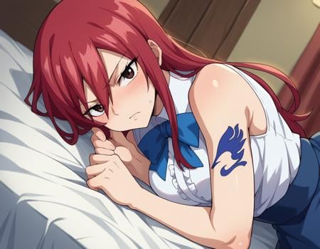 score_9, score_8_up, score_7_up, source_anime,erzascarlet, <lora:erza-scarlet-ponyxl-lora-nochekaiser:1>erza scarlet, long hair, red hair, hair between eyes, brown eyes,skirt, shirt, bow, boots, sleeveless, sleeveless shirt, tattoo, white shirt, frills,indoors, bed, bed room, on side, blush, drunk,looking at viewer, dutch angle, cowboy shot