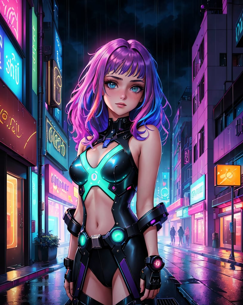 masterpiece, best quality, portrait of a 18yo woman ,  (neon lights rain streets cyberpunk cityscape:1.1) ,  color photo, cinematic, cinematic lighting, whimsical witch potions alchemy beakers lab caludron rainbow colors, anime, gorgeous 18-year-old woman, perfect eyes, graceful, landscape shot,  upper body, looking at viewer, standing, happy, enthusiastic