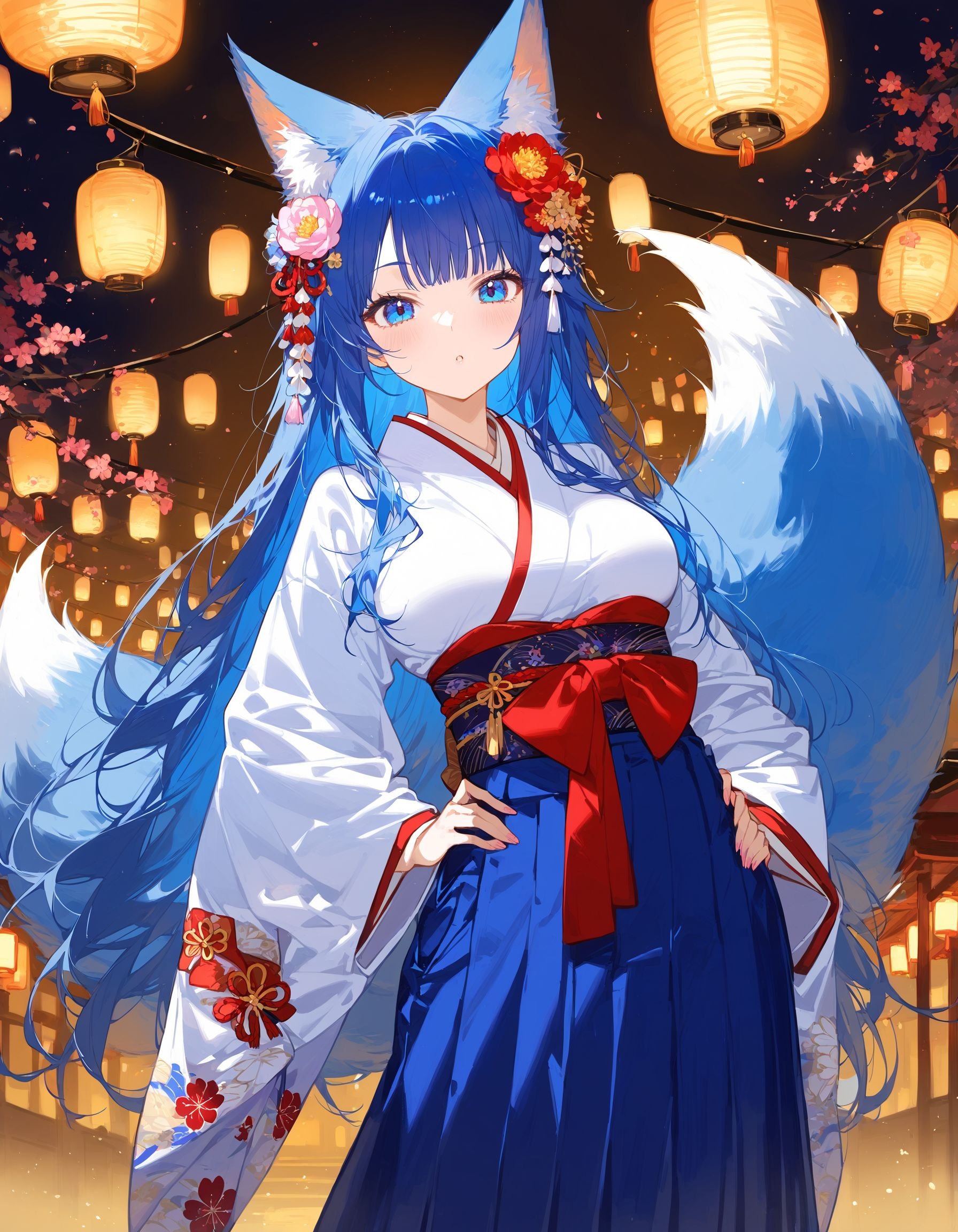 t1girl, solo, long hair, breasts, looking at viewer, bangs, blue eyes, skirt, hair ornament, long sleeves, animal ears, blue hair, tail, flower, japanese clothes, hair flower, wide sleeves, kimono, hand on hip, fox ears, fox tail, fox girl, hakama, hakama skirt, lantern festival,