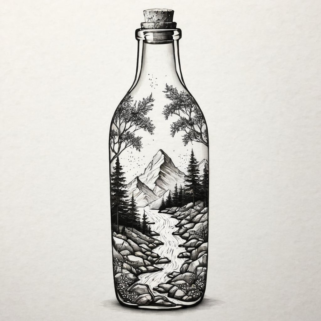 <lora:MinTattooXL-000034:1>, drawing of a minimalist landscape tattoo, landscape inside of a bottle