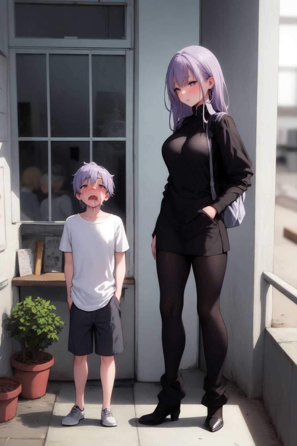 1boy, 1girl, siblings, standing, light purple hair, nosebleed, grey clothes, in front of large window, cityscape, skyscraper, glitter particles, blurry background <lora:bigsislitbro_cpt_v02.3:1>