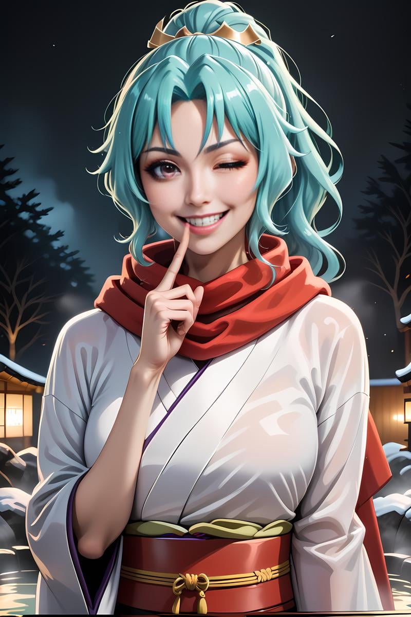 realistic, bright colors, high contrast, dark background, vivid lighting,  tomoe, kimono, scarf,  smile, one eye closed, finger to mouth, upper body, looking at viewer,  onsen <lora:tomoe:0.5>