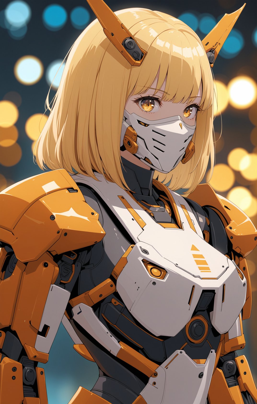 1girl, mecha suit, samurai face mask, menpo, upper body, underboob, portrait, white orange armor, blonde shimmering hair, 8K, RAW, best quality, masterpiece, ultra high res, colorful, (medium wide shot), (dynamic perspective), sharp focus , (depth of field, bokeh:1.3), extremely detailed eyes and face, beautiful detailed eyes,large breasts,black gold, trimmed gear,In a futuristic weapons factory, ((masterpiece, best quality)), niji, from side, upper body, hips
