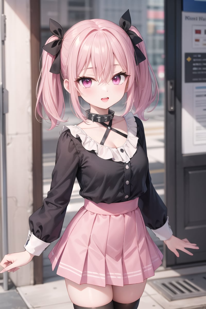 <lora:talkmouth_U_type2_v100:1>insanely detailed, absurdres, ultra-highres, ultra-detailed, best quality,1girl, solo, nice hands, perfect handsBREAKjirai kei,thighhighs, skirt, twintails, pink skirt, collar, bow, black thighhighs, black bow, long hair, pink bow, hair bow, spiked collarBREAK(nsfw:-1.5)BREAKsmile, open mouthBREAK,standing, cowboy shot, looking at viewerBREAKslender, kawaii, perfect symmetrical face, ultra cute girl, ultra cute face, ultra detailed eyes, ultra detailed hair, ultra cute, ultra beautifulBREAKin japanese street, cityscape in japan, depth of field, ultra detailed backgroundBREAKmedium breastsBREAKpink hair, pink eyes, short hair, hair between eyes