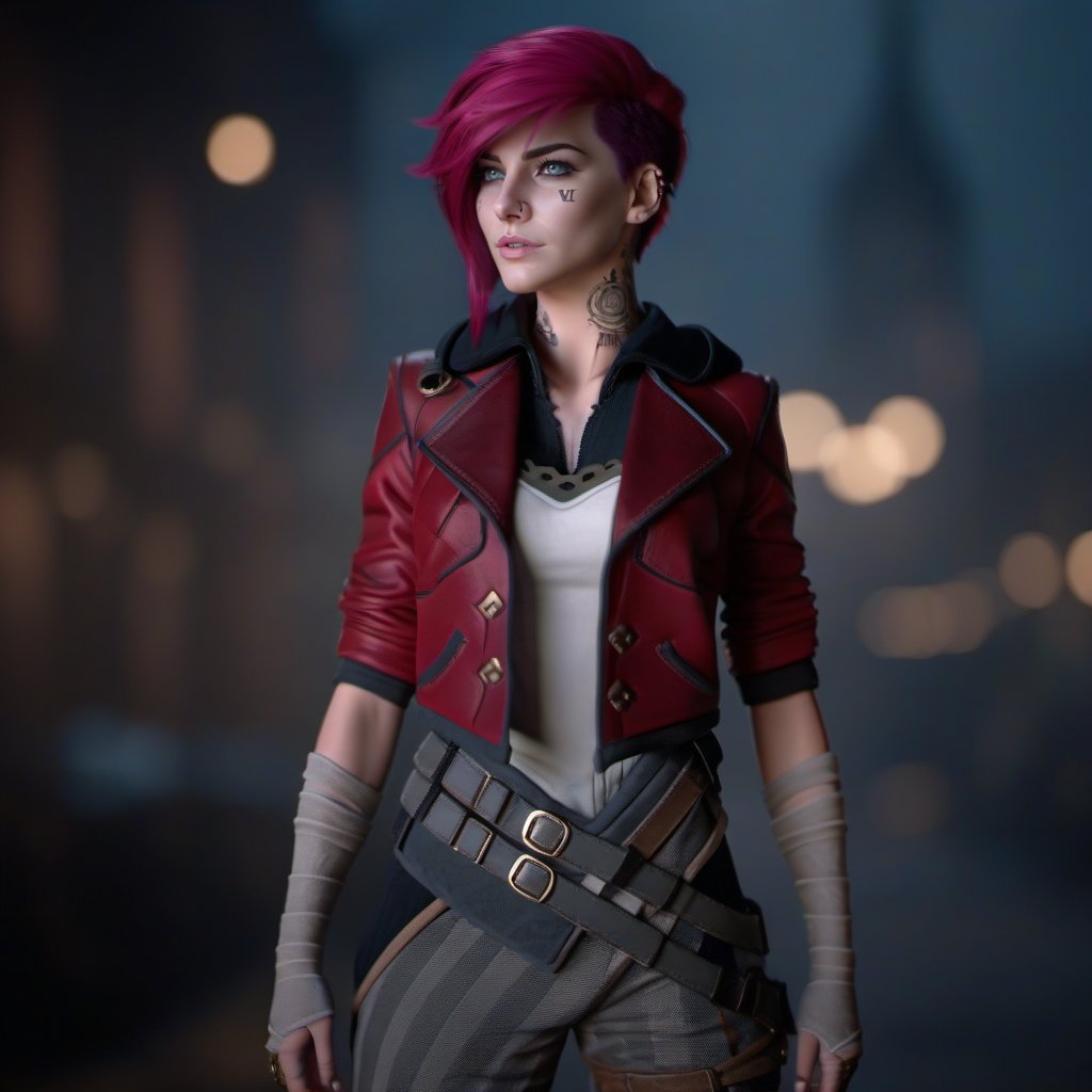 cinematic photo a woman, full body, pink hair, red jacket, steampunk city background, (((text ''VI'')))  <lora:Vi1024-V2:0.8> . 35mm photograph, film, bokeh, professional, 4k, highly detailed