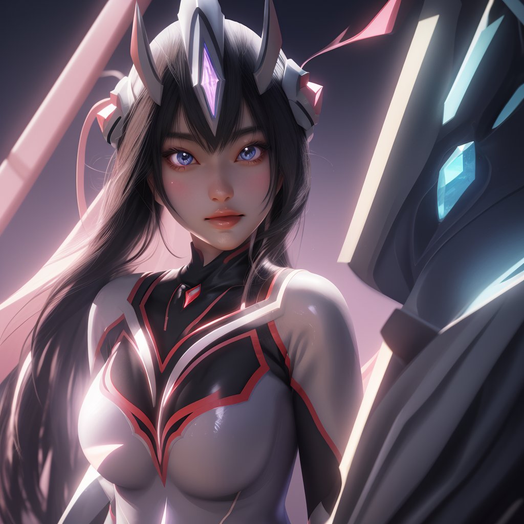 simple background,female ultraman,delicate features,large breasts,glowing eyes,gem,bodysuit,Ray Tracing Reflections,circle,upper body,expressionless,symmetric facial features,