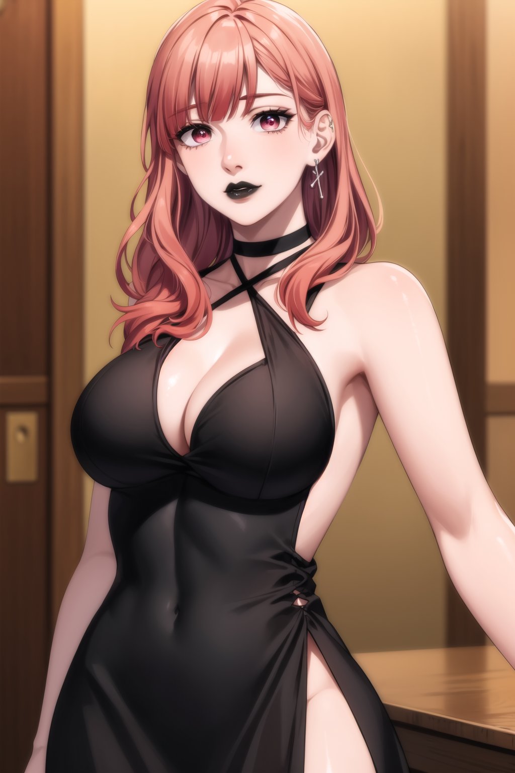 ((best quality)), ((highly detailed)), masterpiece, ((official art)), detailed face, beautiful face, (detailed eyes, deep eyes),black lips:1.4, makeup:1.2, lipstick:1.2, yuki itose, long hair, bangs, blunt bangs, wavy hair, pink eyes, pink hair BREAK twilight, sunset, lipstick, makeup, breasts, jewelry, earrings,, lipstick, lips, red lips, collarbone, , large breasts, red dress, cleavage, medium breasts, side slit, bare shoulders, halterneck, choker, long dress, no bra, criss-cross halter, sleeveless dress, cocktail dress, plunging neckline  ,BREAK solo, (cowboy shot:1.2), standing, , intricately detailed, hyperdetailed, blurry background, depth of field, best quality, masterpiece, intricate details, tonemapping, sharp focus, hyper detailed, trending on Artstation, 1 girl, high res, official art,black lips<lora:EMS-93-EMS:0.400000>, <lora:EMS-273997-EMS:0.600000>, <lora:EMS-401523-EMS:1.000000>