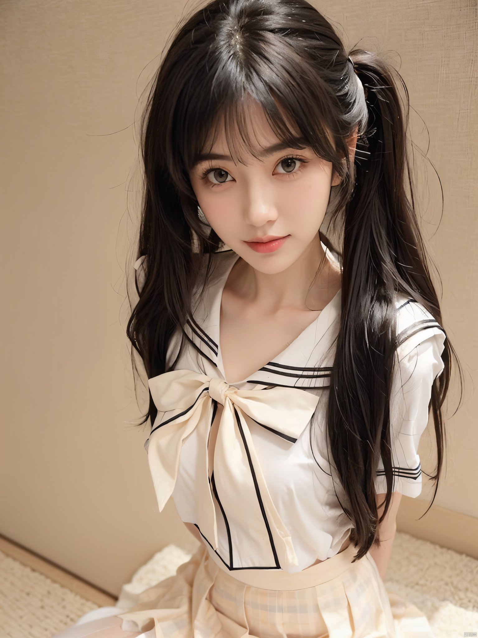 1girl, solo, long hair, looking at viewer, smile, skirt, shirt, black hair, sitting, school uniform, white shirt, short sleeves, socks, black eyes, head tilt, plaid, kneehighs, cosplay, plaid skirt, ground vehicle, black socks, hand on own face, realistic, hand on own cheek,JK_style,moyou<lora:EMS-14530-EMS:1.000000>, <lora:EMS-64586-EMS:0.800000>