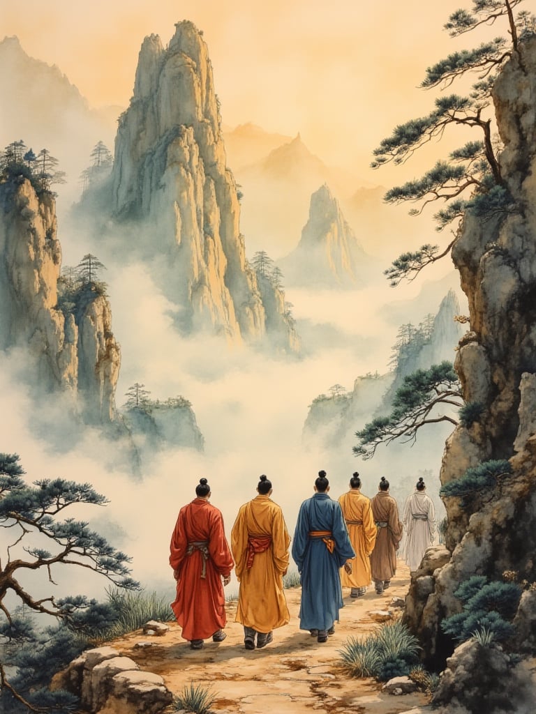 OBguofeng,This is a detailed watercolor painting depicting five monks walking along a narrow, rocky path through a misty, mountainous landscape. The monks are dressed in traditional Buddhist robes, each in a different color: from left to right, they wear red, orange, yellow, blue, and white. Their robes are long and flowing, cinched at the waist with belts, and they all have their hair tied up in traditional styles. The path they walk on is uneven and rugged, leading them deeper into the misty mountains. The background features towering, jagged peaks shrouded in mist, with the faint outlines of pine trees and other vegetation clinging to the cliffs. The sky above is a hazy, golden hue, suggesting either early morning or late afternoon light. The painting has a serene, almost ethereal quality, with the soft, blending watercolor strokes creating a sense of depth and movement. The overall mood is one of peaceful contemplation and spiritual journey.