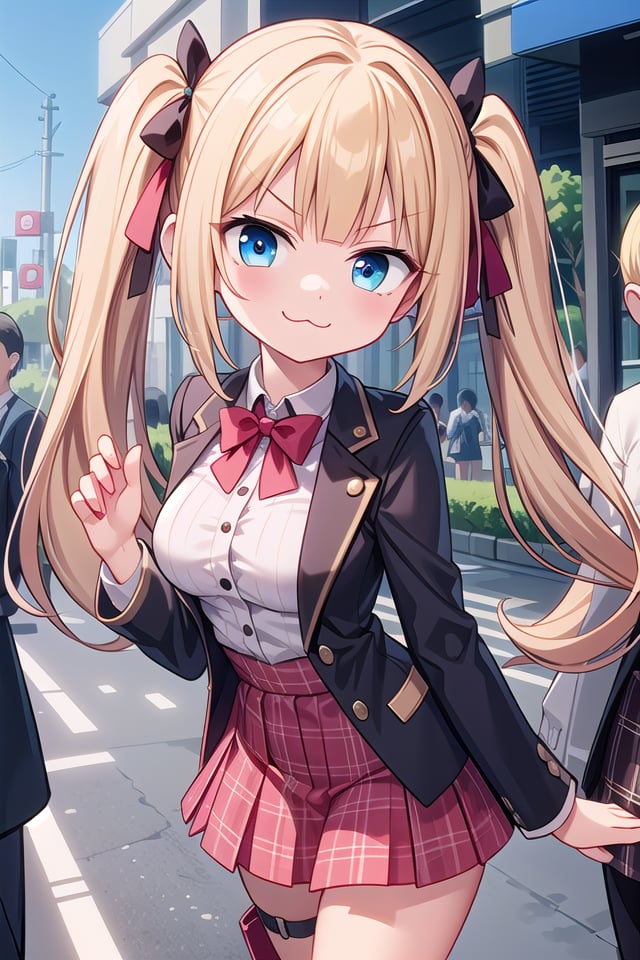 insanely detailed, absurdres, ultra-highres, ultra-detailed, best quality,1girl, solo, nice hands, perfect hands,BREAKlanky,gothic dress,nylon clothes,denim dress,saddle jacket,red tartan-check pleated skirtBREAK(smirking, evil smile:1.2), closed mouth, (:3:1.3), v-shaped eyebrows, standingBREAKslender, kawaii, perfect symmetrical face, ultra cute girl, ultra cute face, ultra detailed eyes, ultra detailed hair, ultra cute, ultra beautiful,BREAKin harajuku, shibuya, tokyo, street, crowd, cityscape,BREAKmedium large breasts,blonde hair, blue eyes, twintails