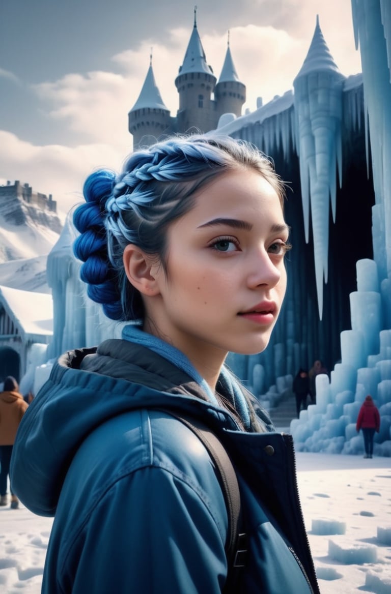 masterpiece of photorealism, photorealistic highly detailed 8k photography, best hyperrealistic quality, volumetric lighting and shadows, cornrows dark blue hair young woman in casual clothes, Magical Ice Castles in Winter full of busy people, Time-Lapse of Flowers Blooming