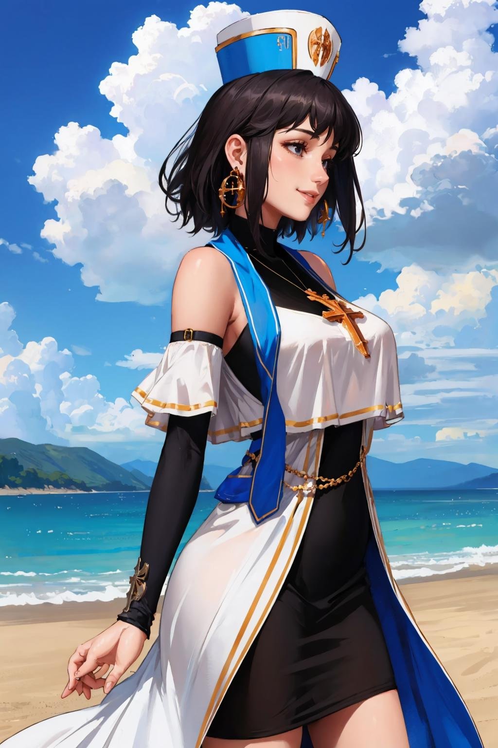 masterpiece, best quality, <lora:dnfcrusader-nvwls-v1-000010:0.9> dnfCrusader, hat, cross necklace, cross earrings, black dress, detached sleeves, large breasts, profile, sky, clouds, smile