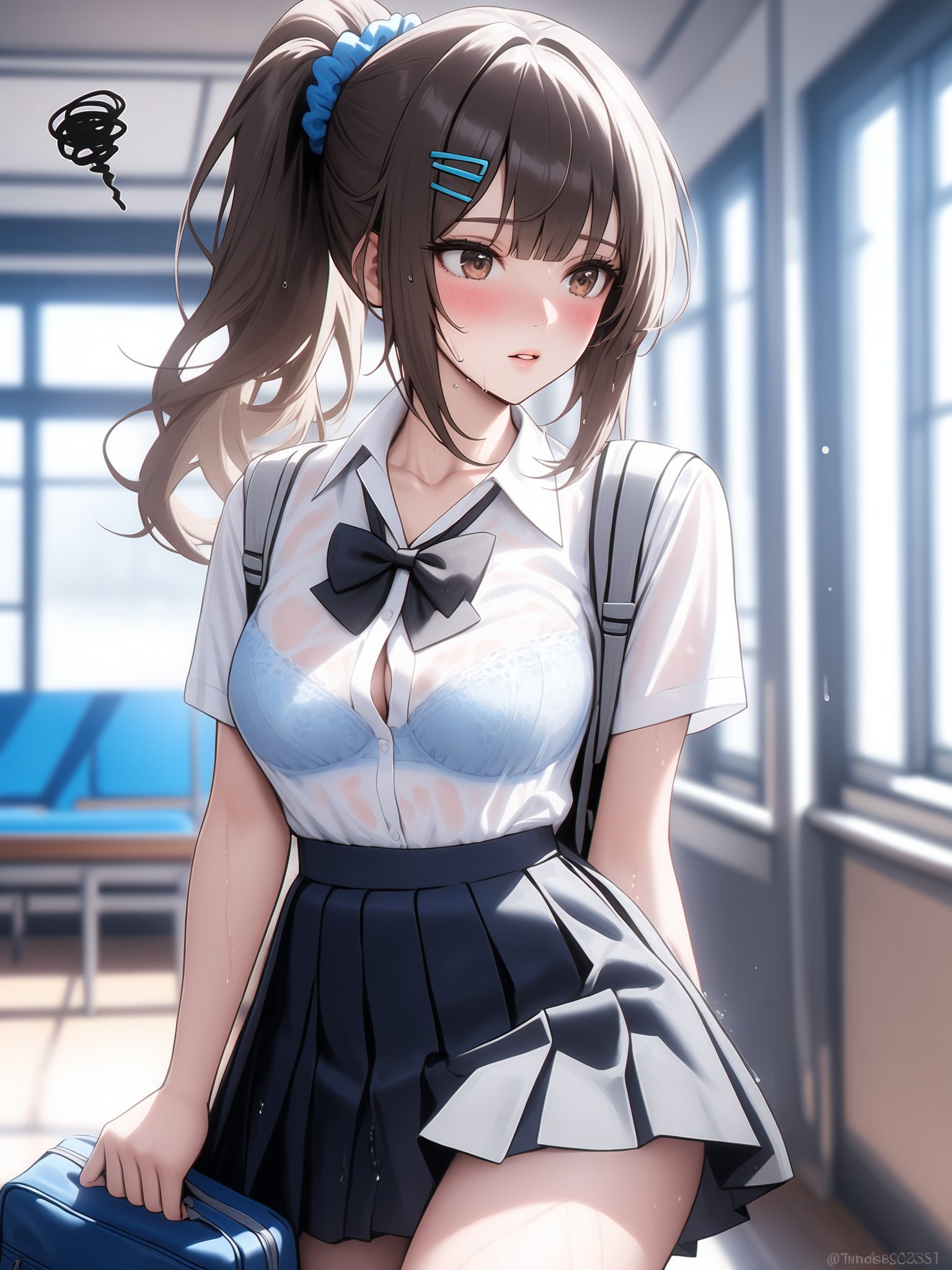 <lora:xl_Korean style(kohaku_delta)-000004:1>,Korean style,1girl, solo, skirt, wet, see-through, underwear, wet clothes, bag, bra, hair ornament, brown eyes, brown hair, shirt, ponytail, school uniform, hairclip, pleated skirt, squiggle, scrunchie, bag charm, bow, twitter username, charm \(object\), wet shirt, short sleeves, blue bra, blush, white shirt, school bag, cowboy shot, hair scrunchie, long hair, dress shirt, looking to the side, bowtie, collared shirt, bra through clothes, bangs, backpack, black neckwear, black bow, collarbone, stuffed animal, sidelocks, indoors, looking away, parted lips, standing, stuffed toy, black skirt, masterpiece, best quality,